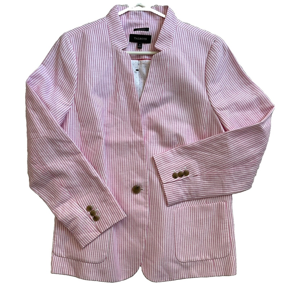 Talbots Aberdeen Blazer Jacket Women's Size 16 Pink White Linen Blend Preppy
